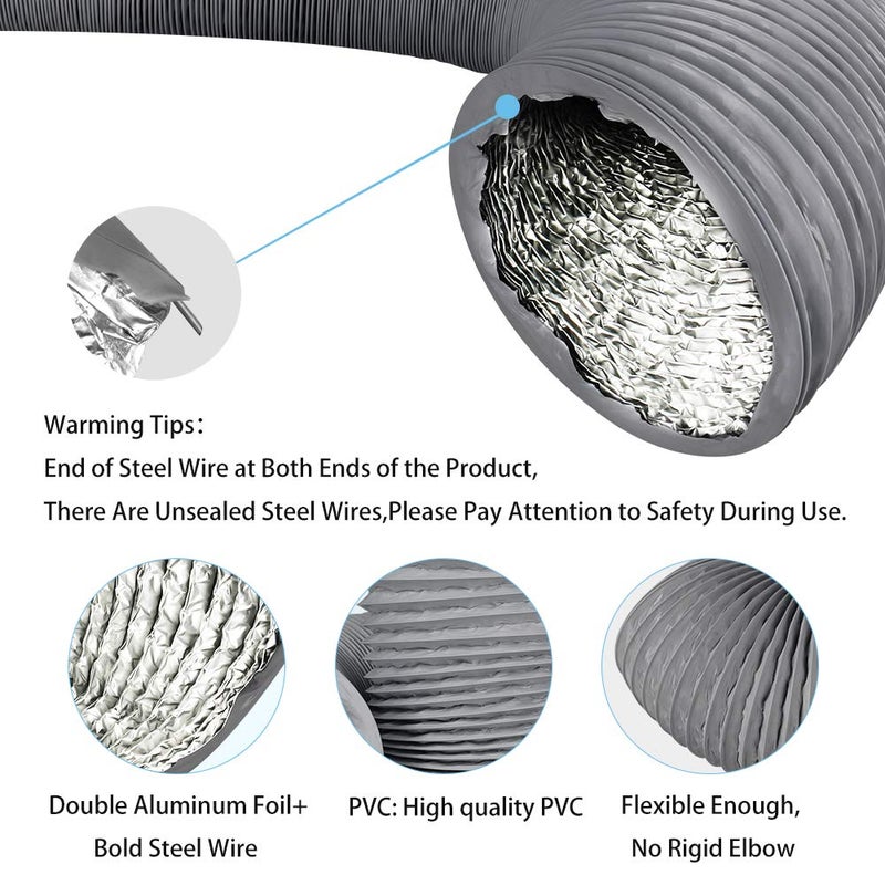 YIJUHOU 4Inch 10FT Long Flexible Aluminum Air Ducting, Heavy-Duty Grey 4 Layer Dryer Vent Hose, Dryer Duct for HVAC Ventilation,Duct Fan Systems, 2 Stainless Steel Clamps - Image 3